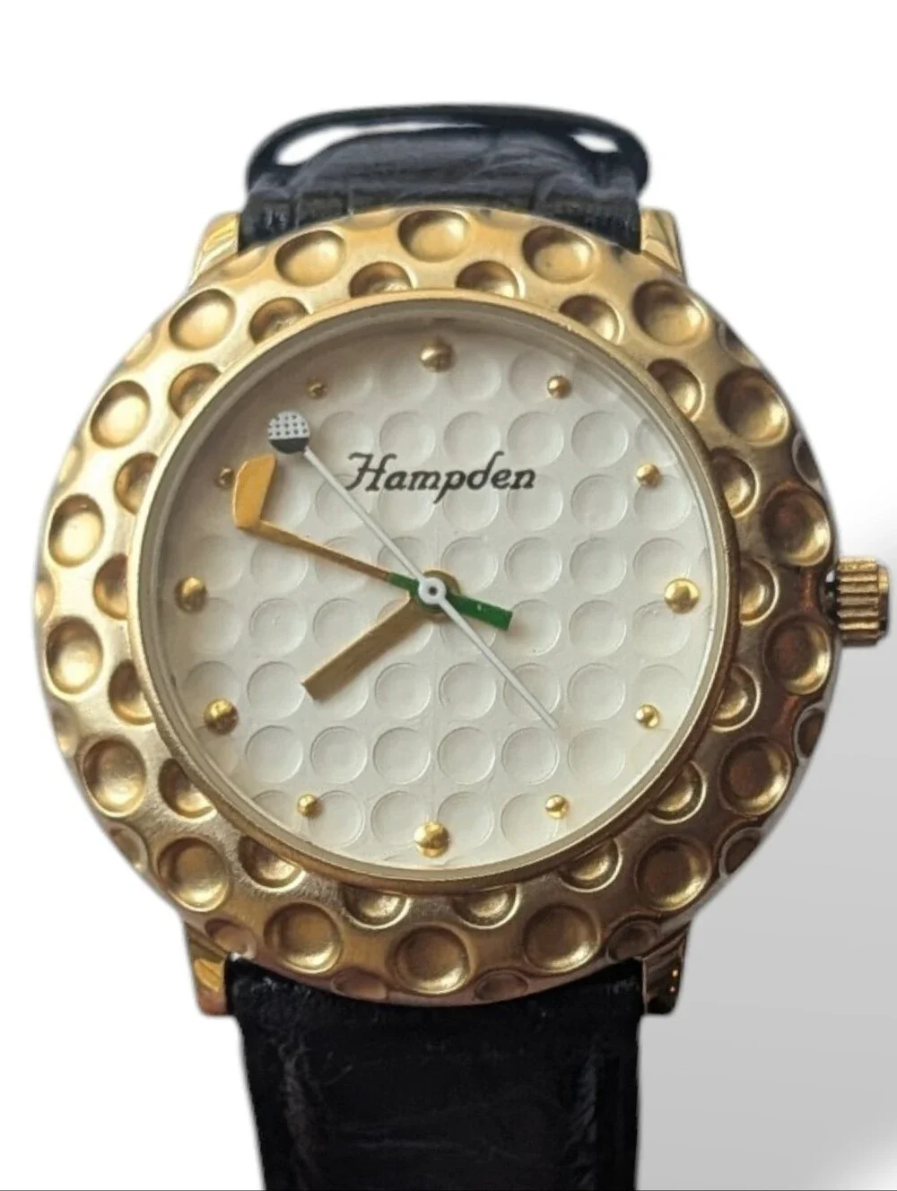 Hampden Golf Watch Golden Dimpled Bezel Club Hand Black Leather Strap Steel Back